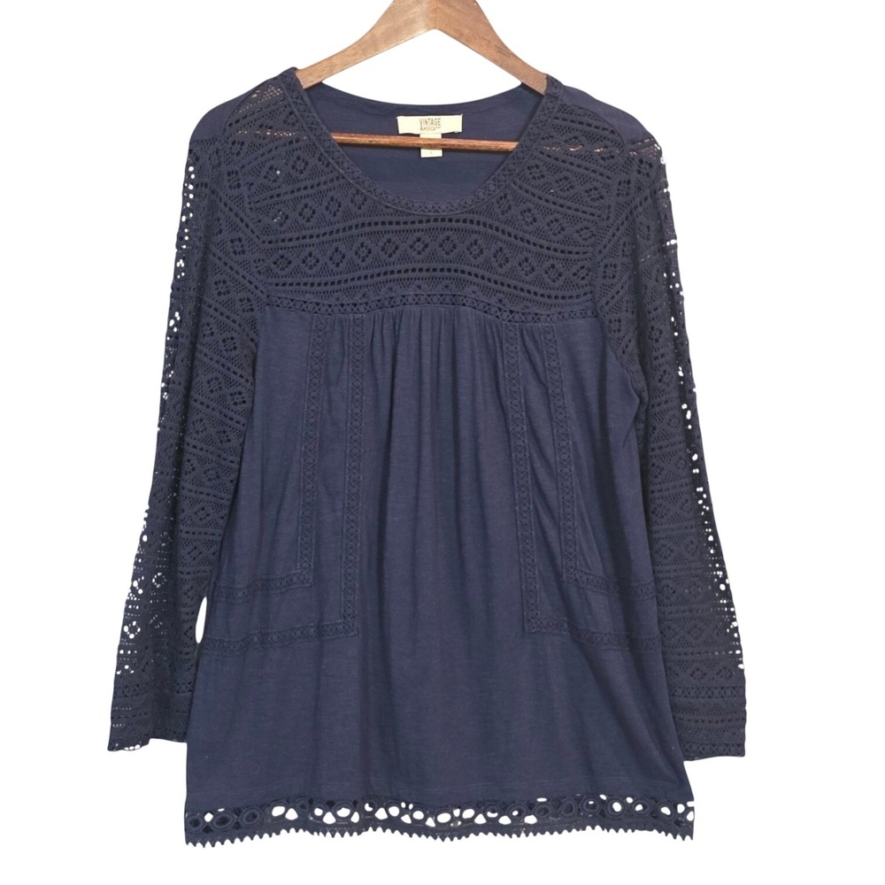 Vintage America Shirt Size Large Long Sleeve Pullover Crochet Navy Blue Top